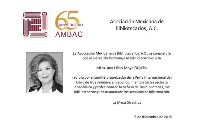 AMBAC – Homenaje al bibliotecario – Mtra. Ana Lilian Moya Grijalba