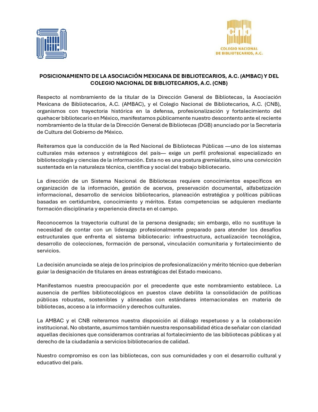 POSICIONAMIENTO DE LA ASOCIACIÓN MEXICANA DE BIBLIOTECARIOS, A.C. (AMBAC) Y DEL COLEGIO NACIONAL DE BIBLIOTECARIOS, A.C. (CNB)
